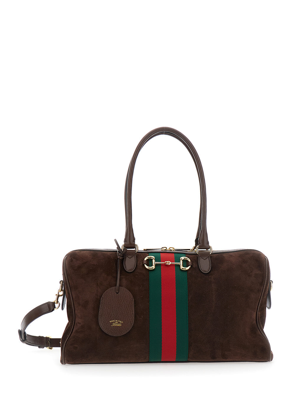 Gucci Women Brown Shoulder Bag With Web Detail On The Front And Horsebit Plate In Suede For Women