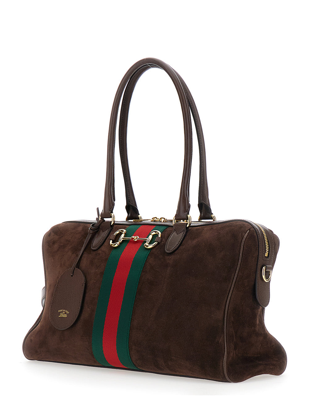 Gucci Women Brown Shoulder Bag With Web Detail On The Front And Horsebit Plate In Suede For Women
