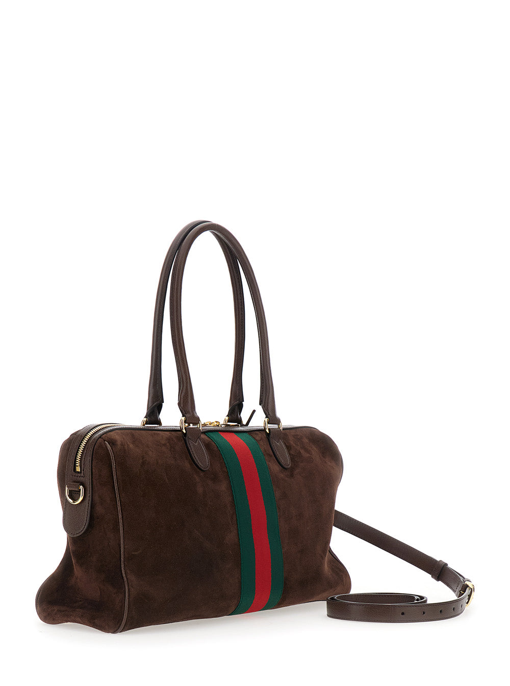 Gucci Women Brown Shoulder Bag With Web Detail On The Front And Horsebit Plate In Suede For Women