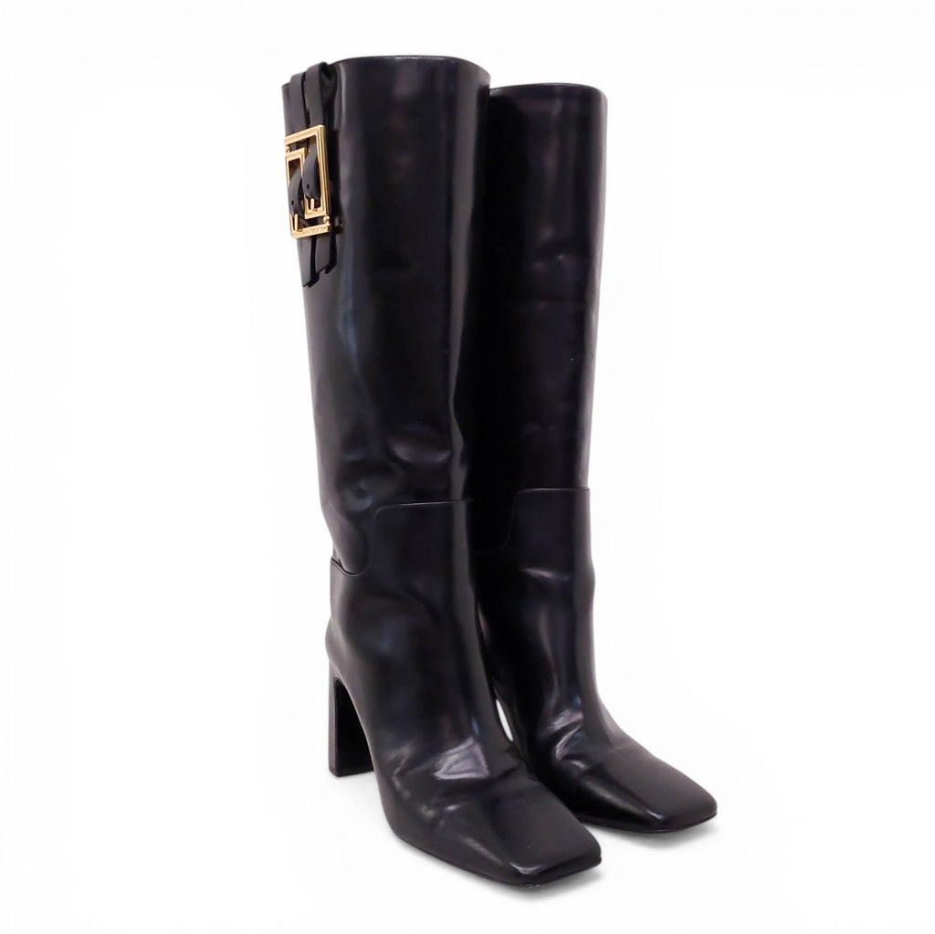 VERSACE BLACK LEATHER HEELED BOOTS - SIZE 39
