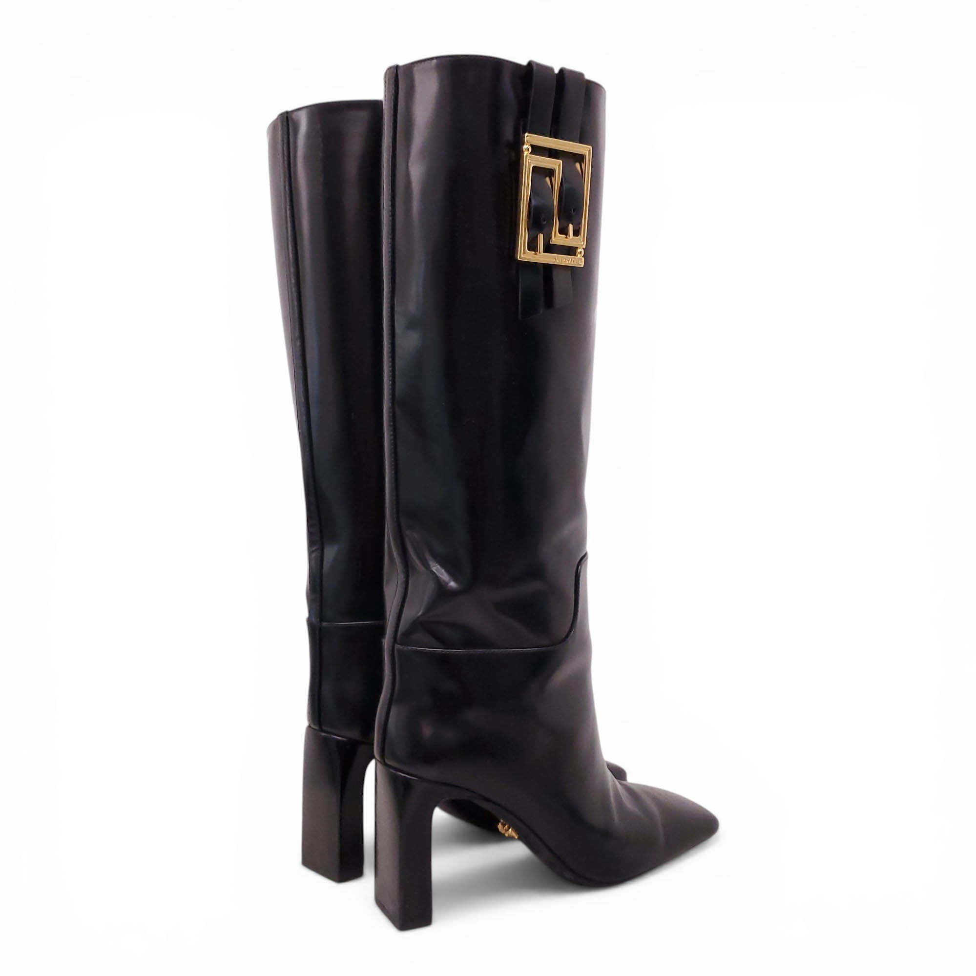VERSACE BLACK LEATHER HEELED BOOTS - SIZE 39