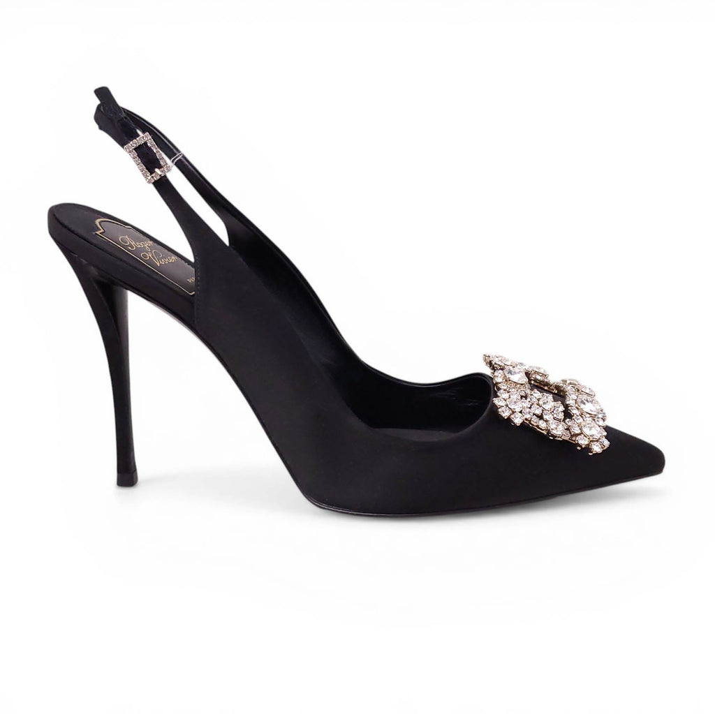 ROGER VIVIER BLACK SLINGBACK HEELS WITH CRYSTAL EMBELLISHMENT - SIZE 40.5