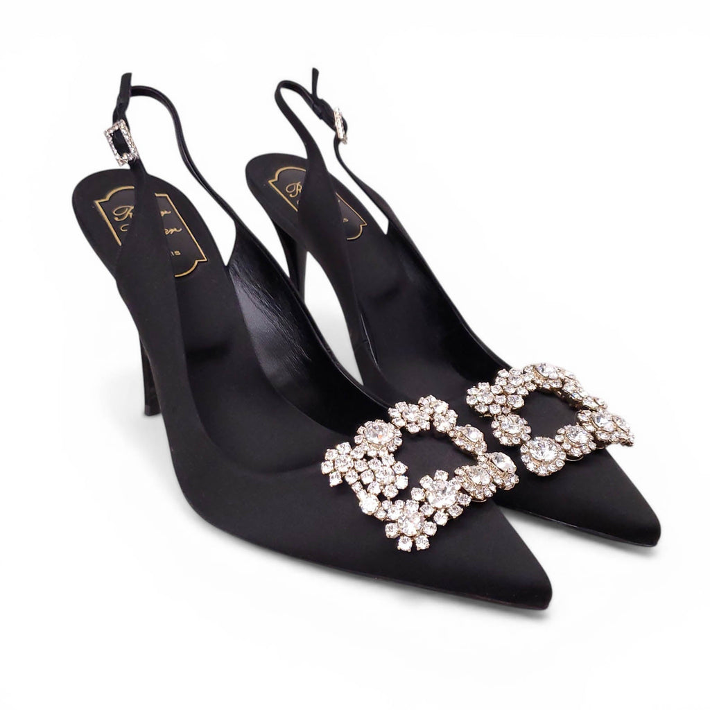 ROGER VIVIER BLACK SLINGBACK HEELS WITH CRYSTAL EMBELLISHMENT - SIZE 40.5