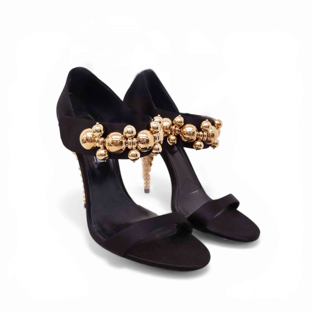 PRADA RUNWAY BLACK SATIN HEELS WITH GOLD DETAILS - SIZE 39