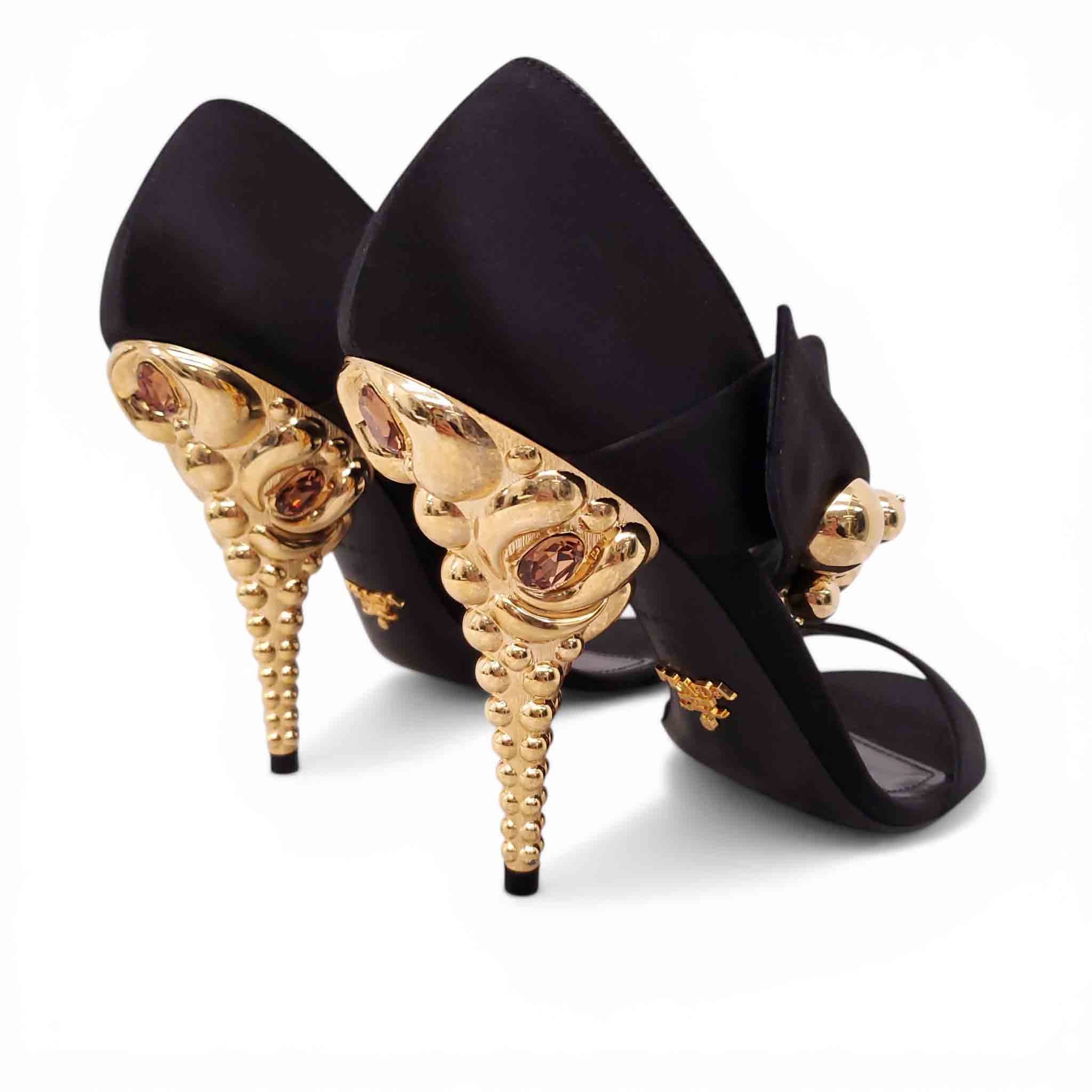 PRADA RUNWAY BLACK SATIN HEELS WITH GOLD DETAILS - SIZE 39