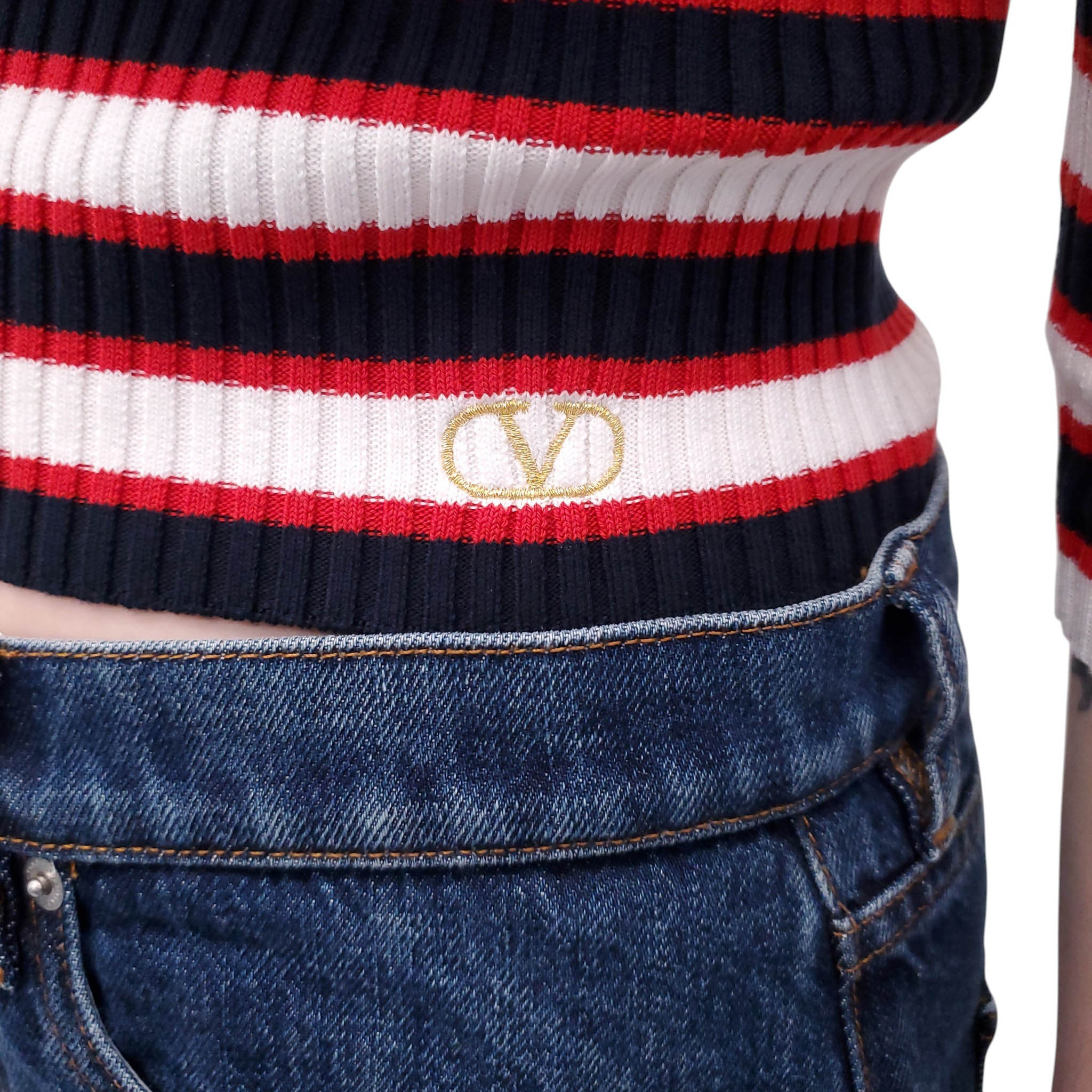 VALENTINO STRIPED RIBBED CROPPED SWEATER - SIZE XS