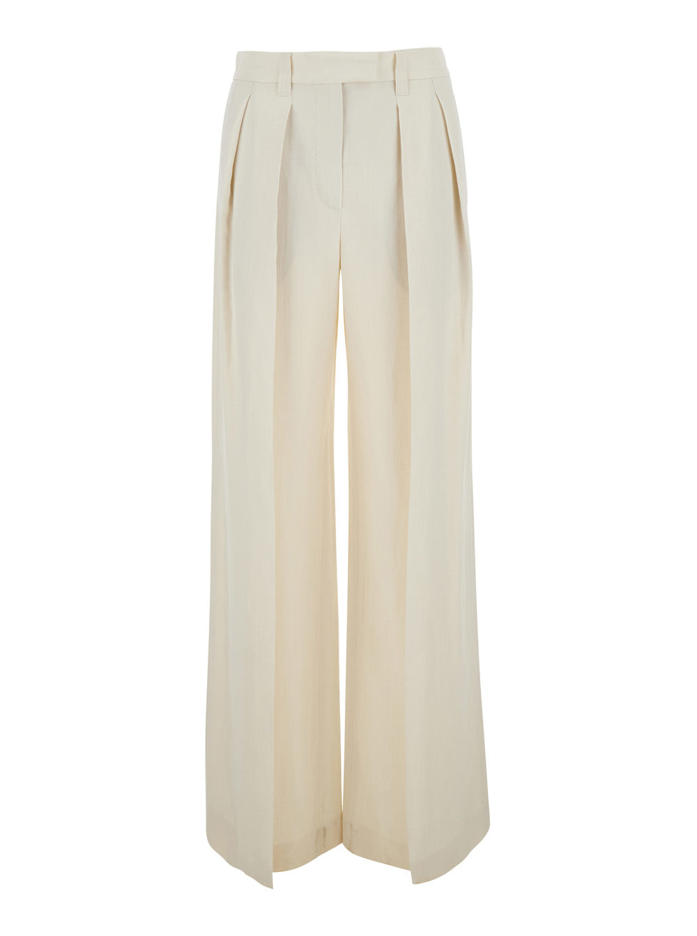 Brunello Cucinelli Women White Pants With Front Pleats And Wide Leg In Viscose And Linen Blend For Women