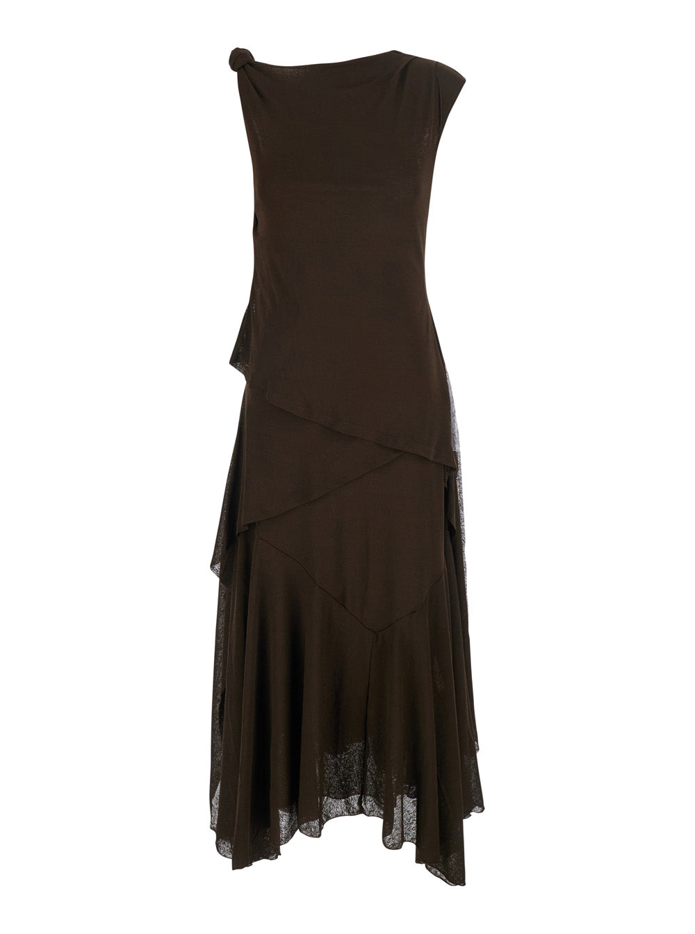 Ganni Women 'Marl' Brown Long Dress With Layered Design And Knot Detail In Tech Fabric Women