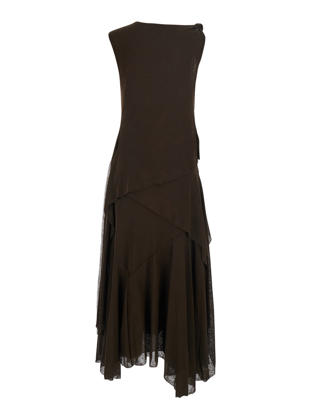 Ganni Women 'Marl' Brown Long Dress With Layered Design And Knot Detail In Tech Fabric Women