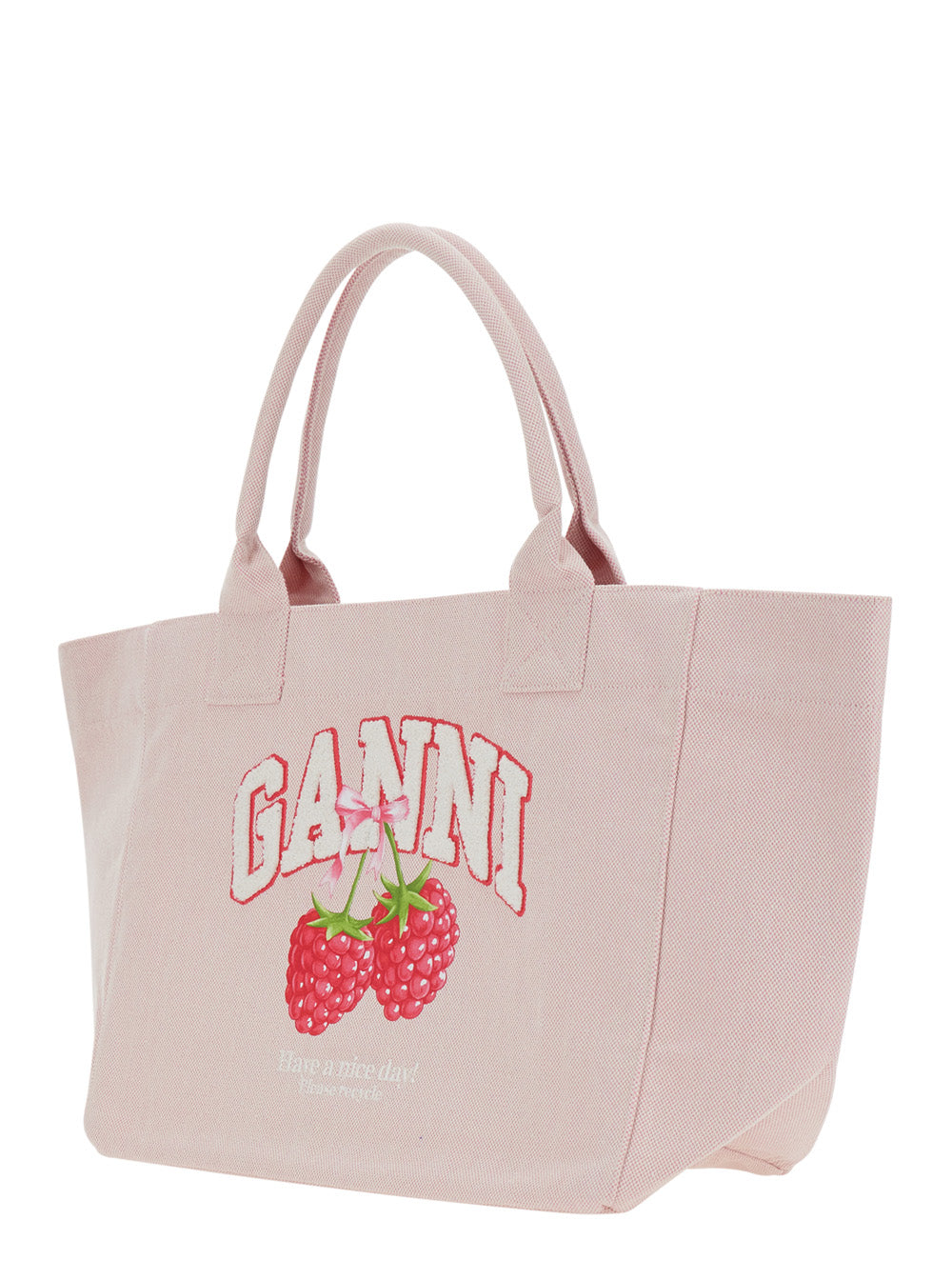 Ganni Women 'Trapeze Medium' Pink Tote Bag With Logo Lettering And Print On The Front In Cotton For Women