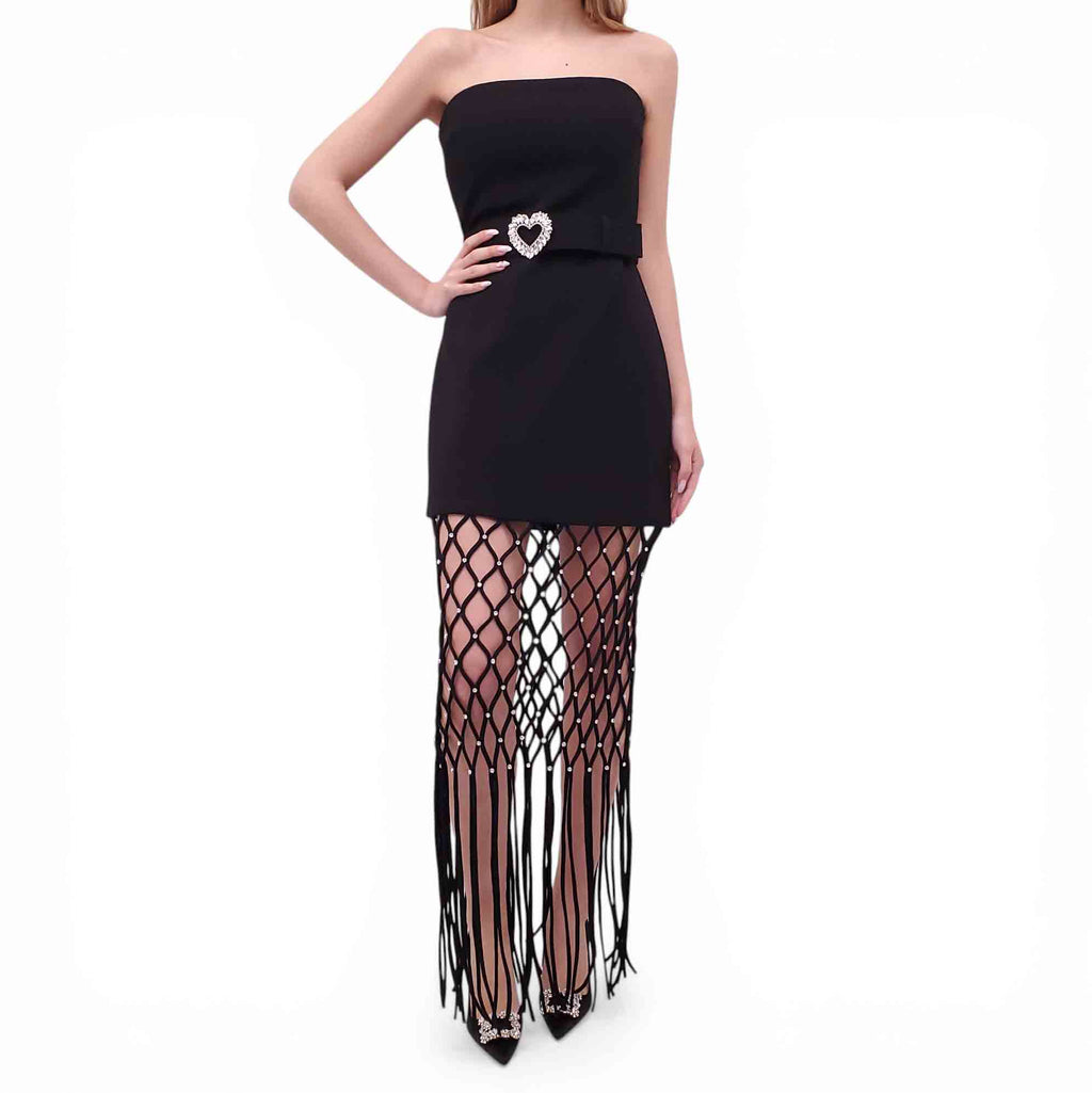 REBECCA VALLANCE BLACK DRESS WITH CRYSTAL HEART BELT AND FRINGE DETAIL - SIZE US 8