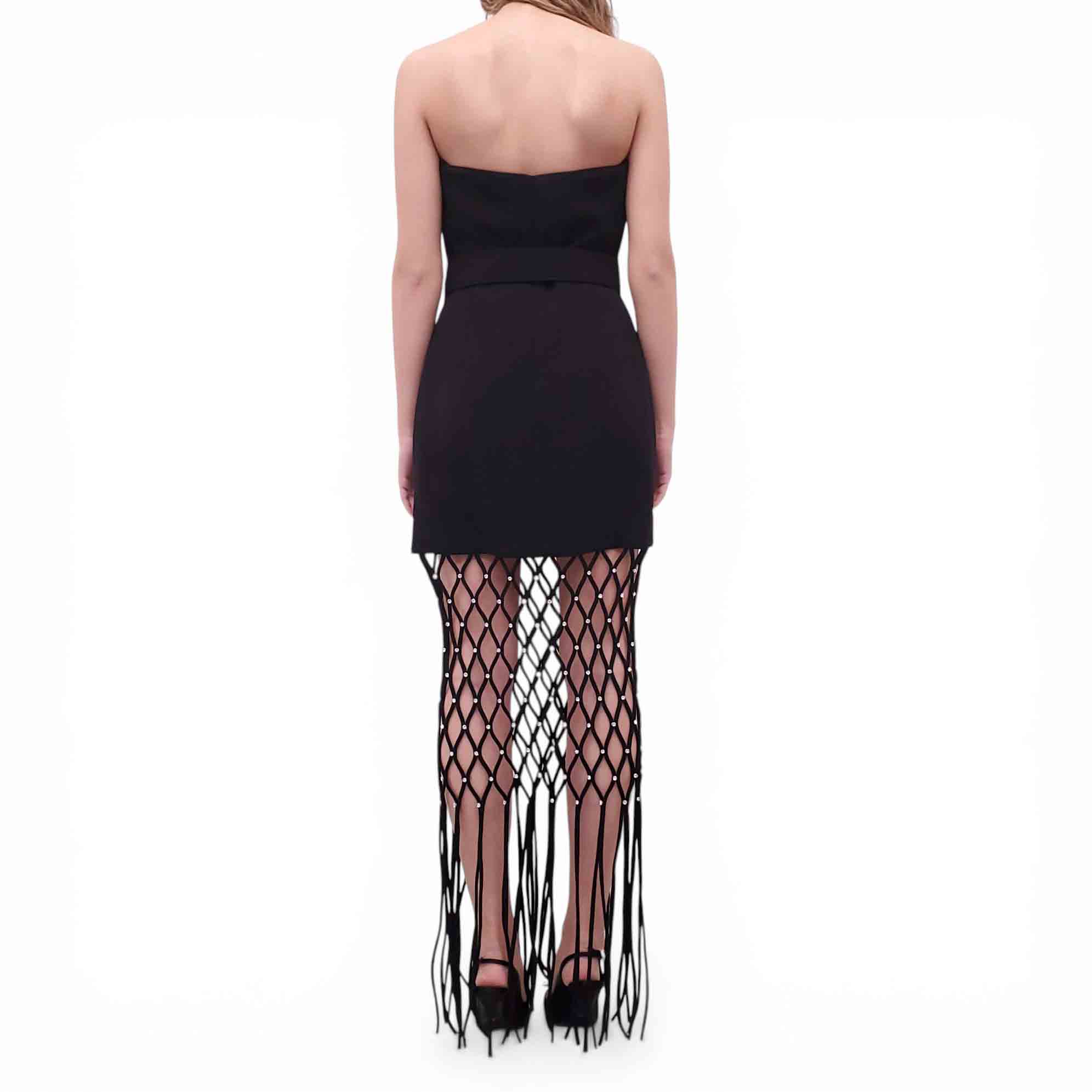 REBECCA VALLANCE BLACK DRESS WITH CRYSTAL HEART BELT AND FRINGE DETAIL - SIZE US 8