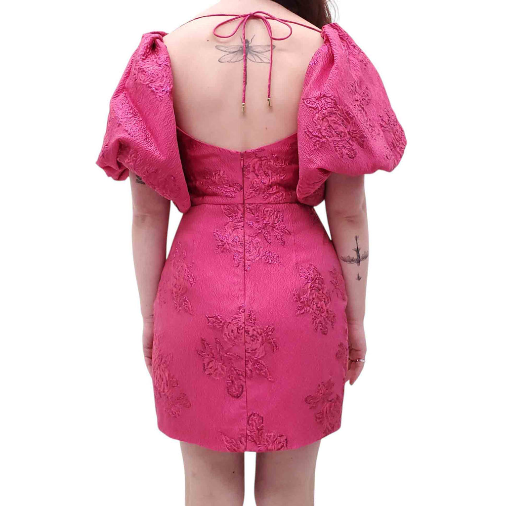 REBECCA VALLANCE PINK BROCADE MINI DRESS WITH PUFF SLEEVES - SIZE US 4