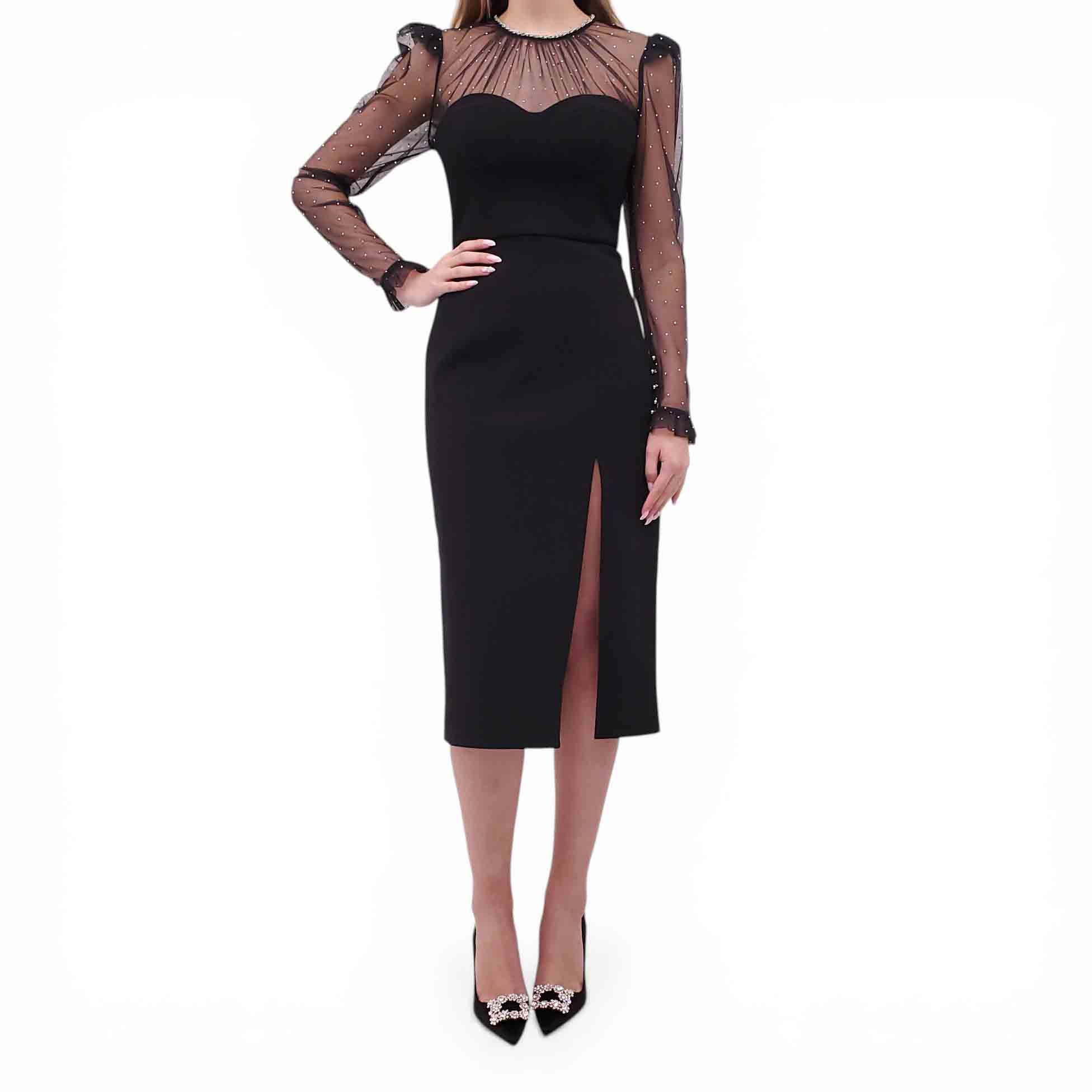 REBECCA VALLANCE BLACK DRESS WITH CRYSTAL NECKLINE AND SHEER POLKA DOT DETAIL - SIZE US 4