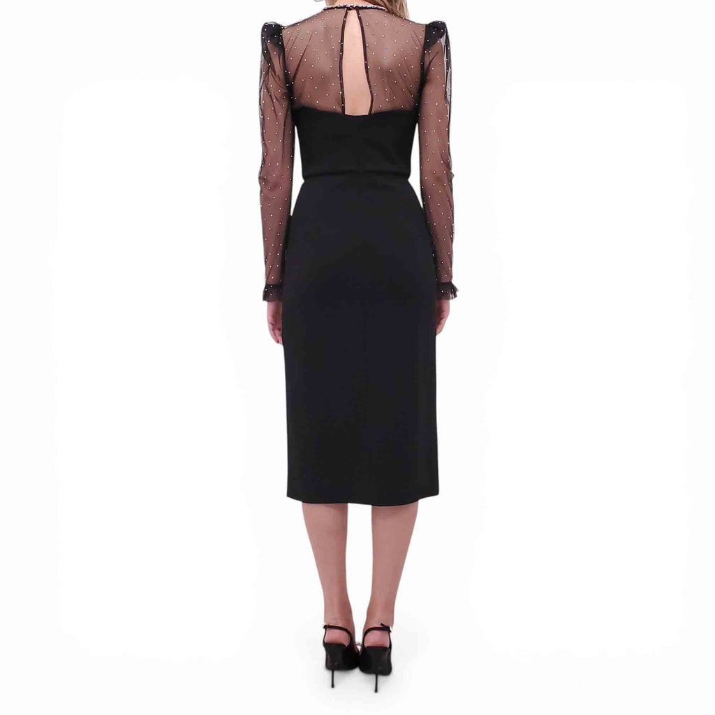 REBECCA VALLANCE BLACK DRESS WITH CRYSTAL NECKLINE AND SHEER POLKA DOT DETAIL - SIZE US 4