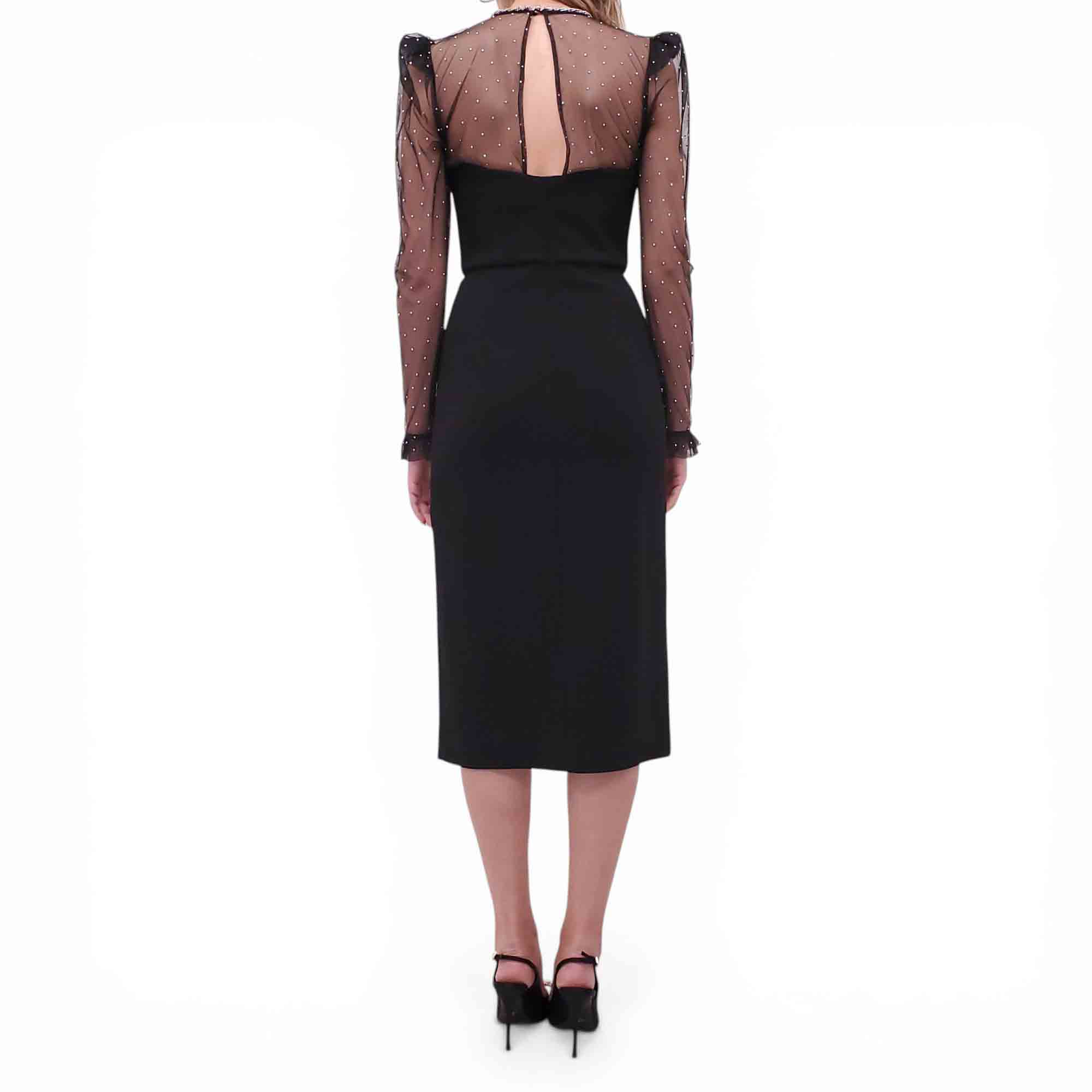 REBECCA VALLANCE BLACK DRESS WITH CRYSTAL NECKLINE AND SHEER POLKA DOT DETAIL - SIZE US 4
