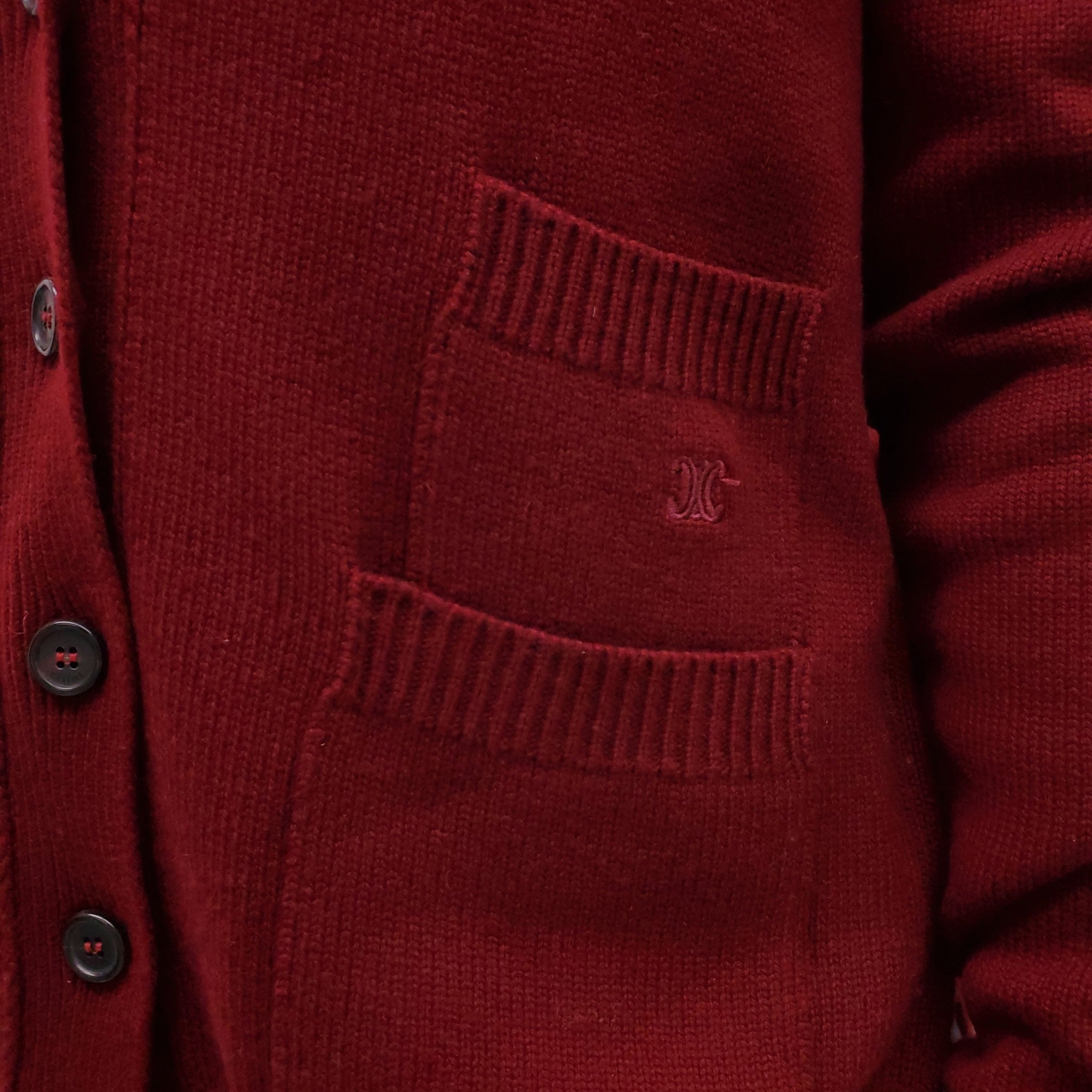 CELINE BURGUNDY CASHMERE DOUBLE POCKET TRIOMPHE CARDIGAN - SIZE S (OVERSIZED)