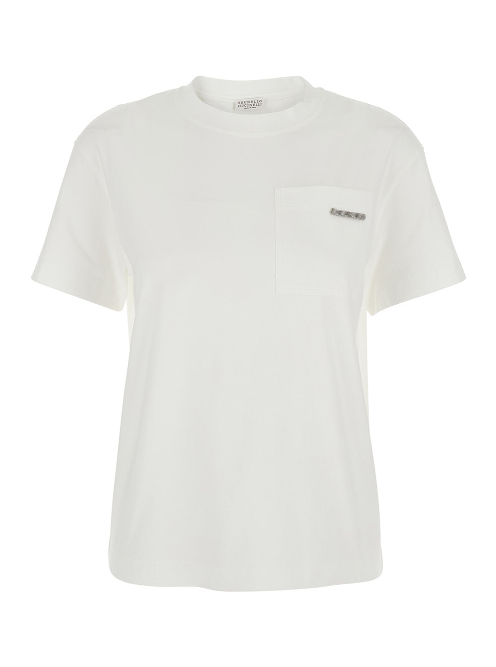 Brunello Cucinelli Women White Crew Neck T-Shirt With Monile Detail On The Front In Cotton For Women