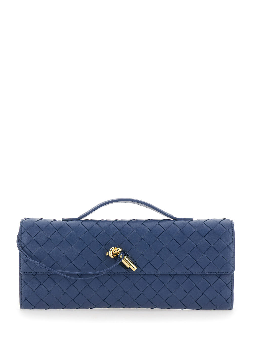Bottega Veneta Women 'Andiamo' Blue Clutch With Handle And Intreccio Motif In Leather For Women