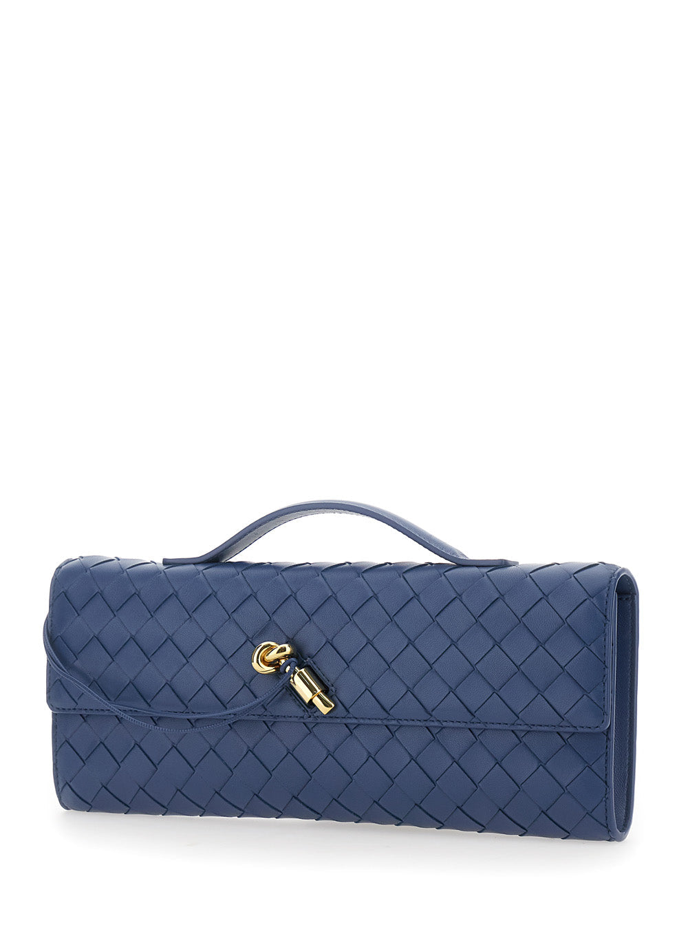Bottega Veneta Women 'Andiamo' Blue Clutch With Handle And Intreccio Motif In Leather For Women