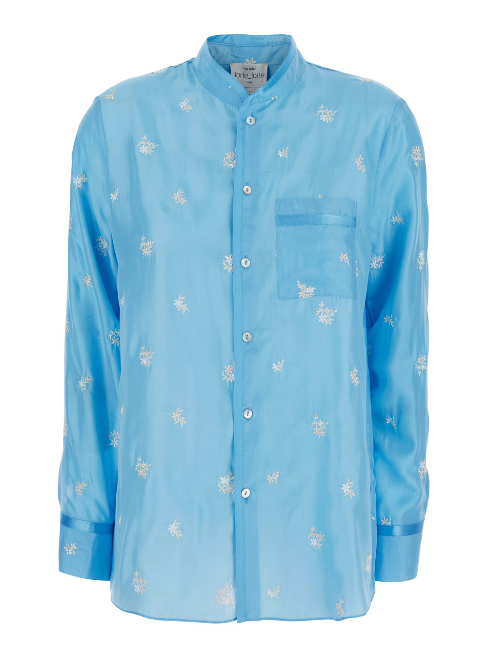 Forte_Forte Women Light Blue Shirt With Mandarin Collar And All-Over Floral Embroidery In Silk For Women