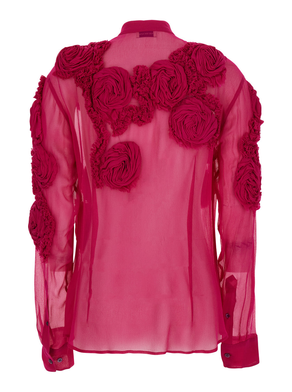 Dries Van Noten Women Fuchsia Shirt With Mandarin Collar And 3D Floral Embroidery All-Over In Silk For Women