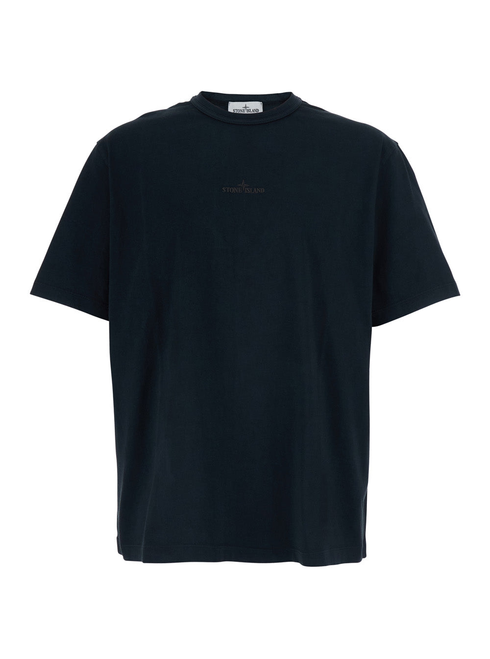 Stone Island Men Blue Crew Neck T-Shirt With Logo Lettering Embroidery On The Front In Cotton For Men