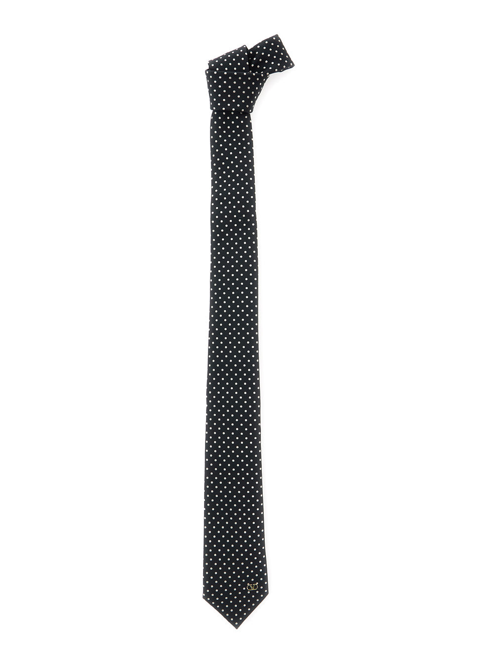 Valentino Garavani Men Black Tie With Vlogo Plaque On The Front And All-Over Polka Dot Pattern In Silk For Men