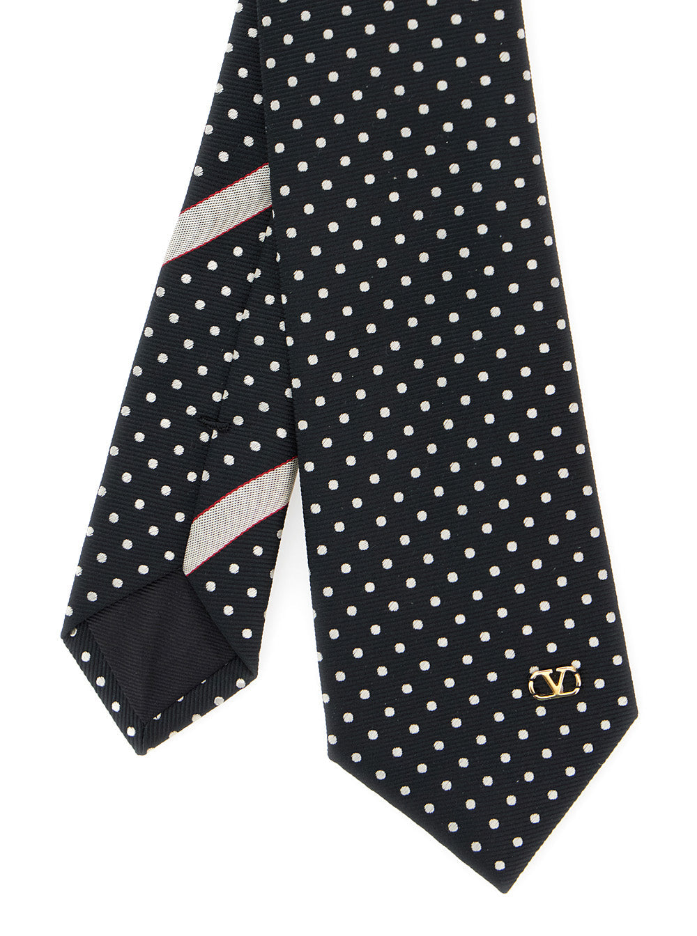 Valentino Garavani Men Black Tie With Vlogo Plaque On The Front And All-Over Polka Dot Pattern In Silk For Men