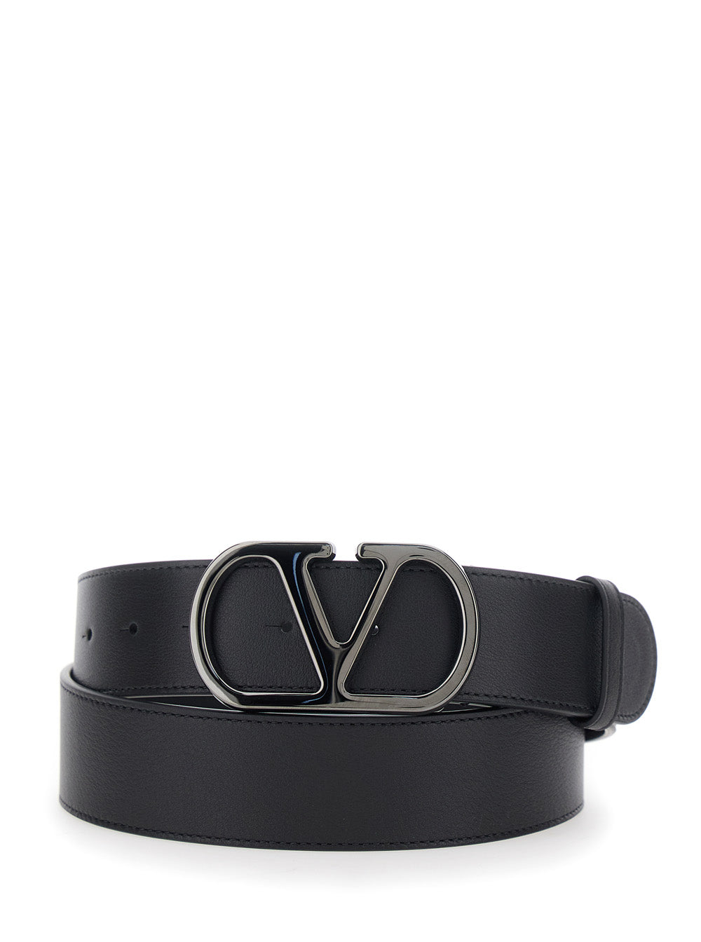 Valentino Garavani Men Black Belt With Vlogo Plaque Closure On The Front In Leather For Men
