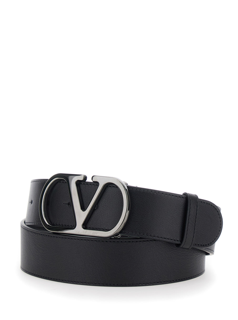 Valentino Garavani Men Black Belt With Vlogo Plaque Closure On The Front In Leather For Men