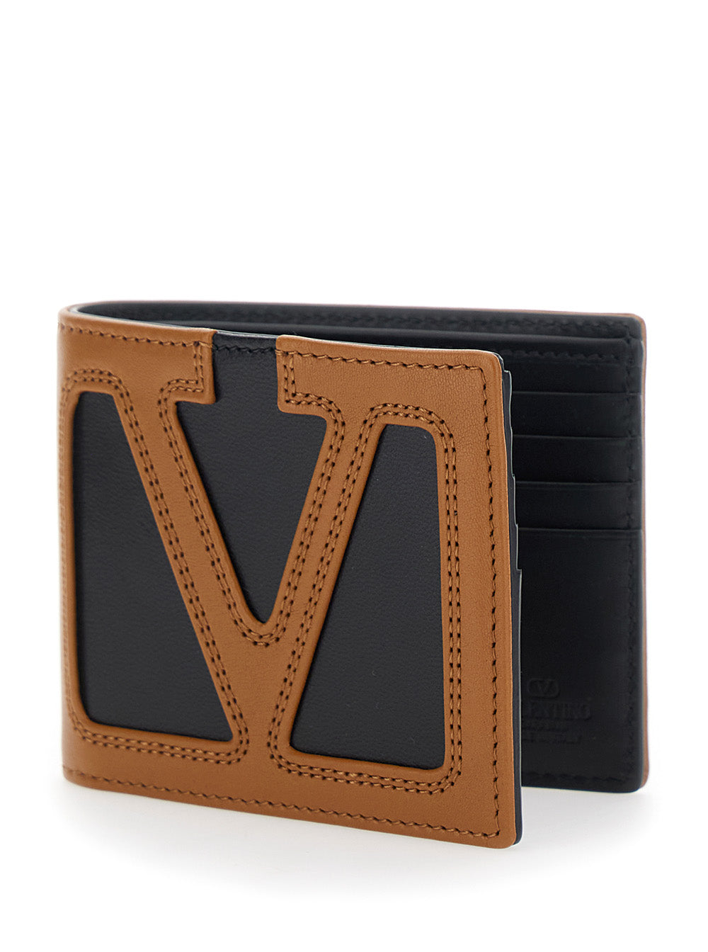 Valentino Garavani Men Brown Bi-Fold Wallet With Contrasting Maxi Vlogo On The Front In Leather For Men
