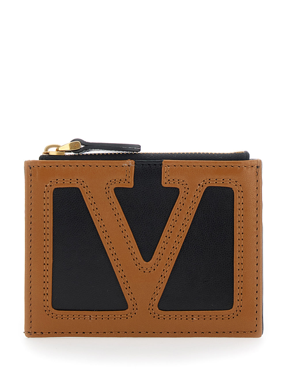 Valentino Garavani Men Brown Card Holder With Contrasting Maxi Vlogo On The Front And Coin Purse With Zip In Leather For Men