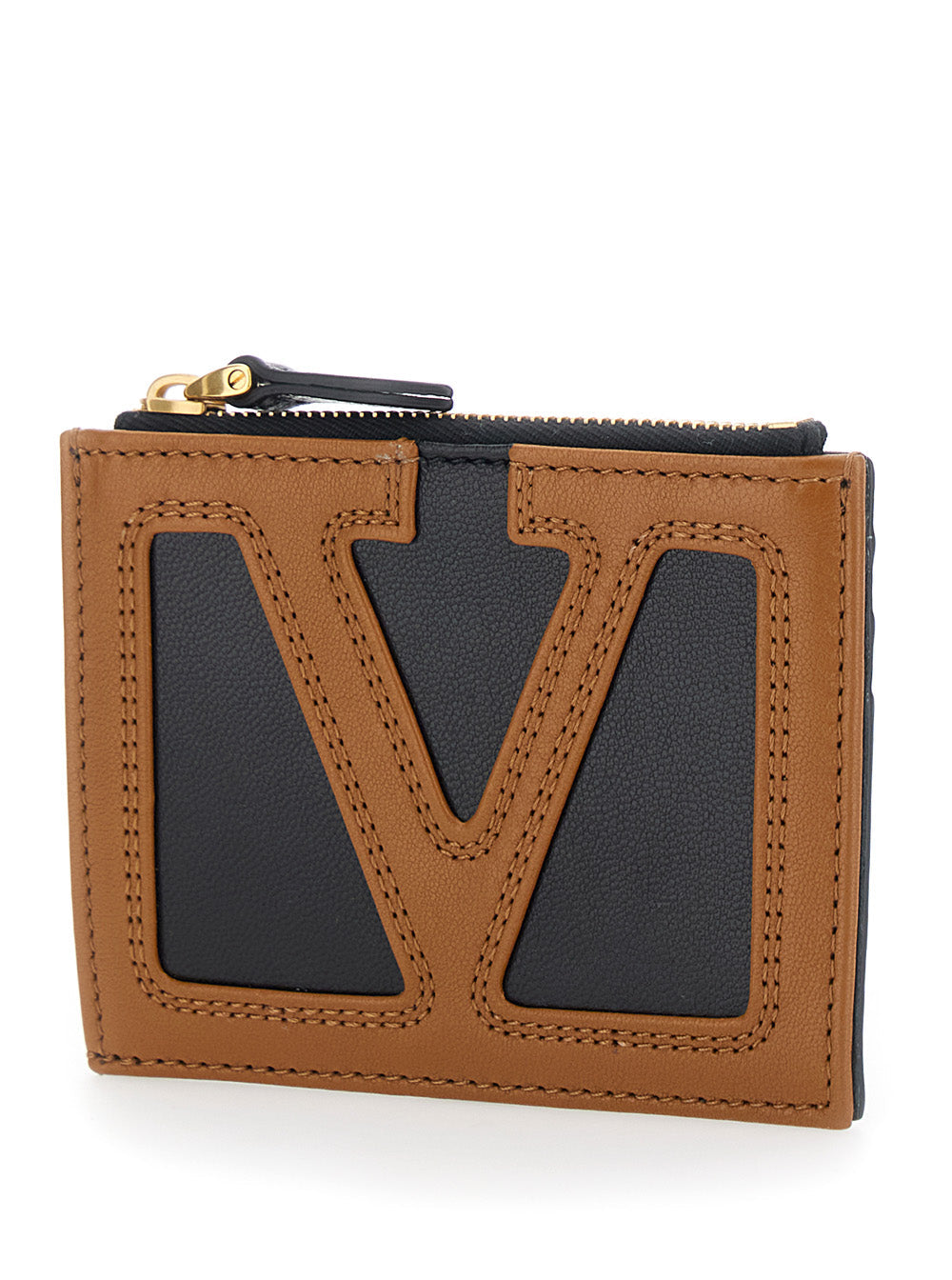 Valentino Garavani Men Brown Card Holder With Contrasting Maxi Vlogo On The Front And Coin Purse With Zip In Leather For Men