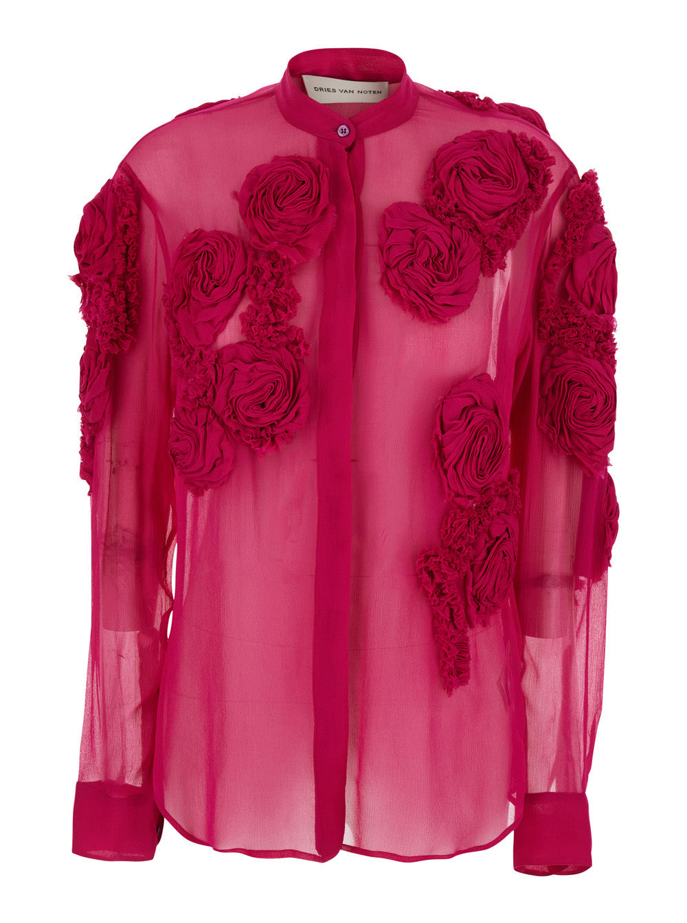 Dries Van Noten Women Fuchsia Shirt With Mandarin Collar And 3D Floral Embroidery All-Over In Silk For Women