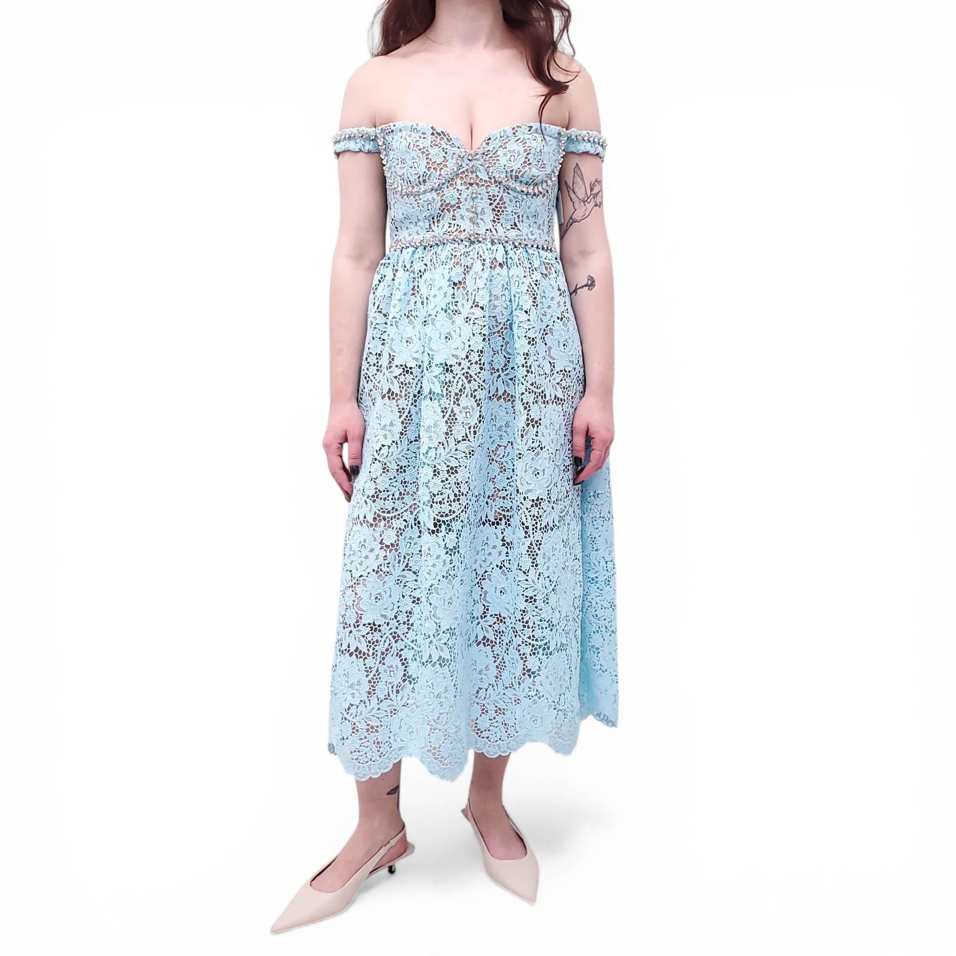 SELF-PORTRAIT BLUE LACE DIAMANTE MIDI DRESS - SIZE US 4