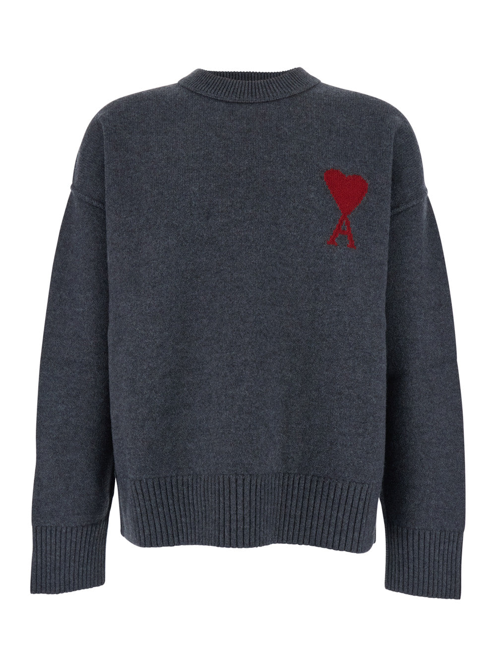 Ami Paris Men Crewneck Sweater With Dropped Shoulders And Adc Embroidery On The Front In Gray Wool For Men