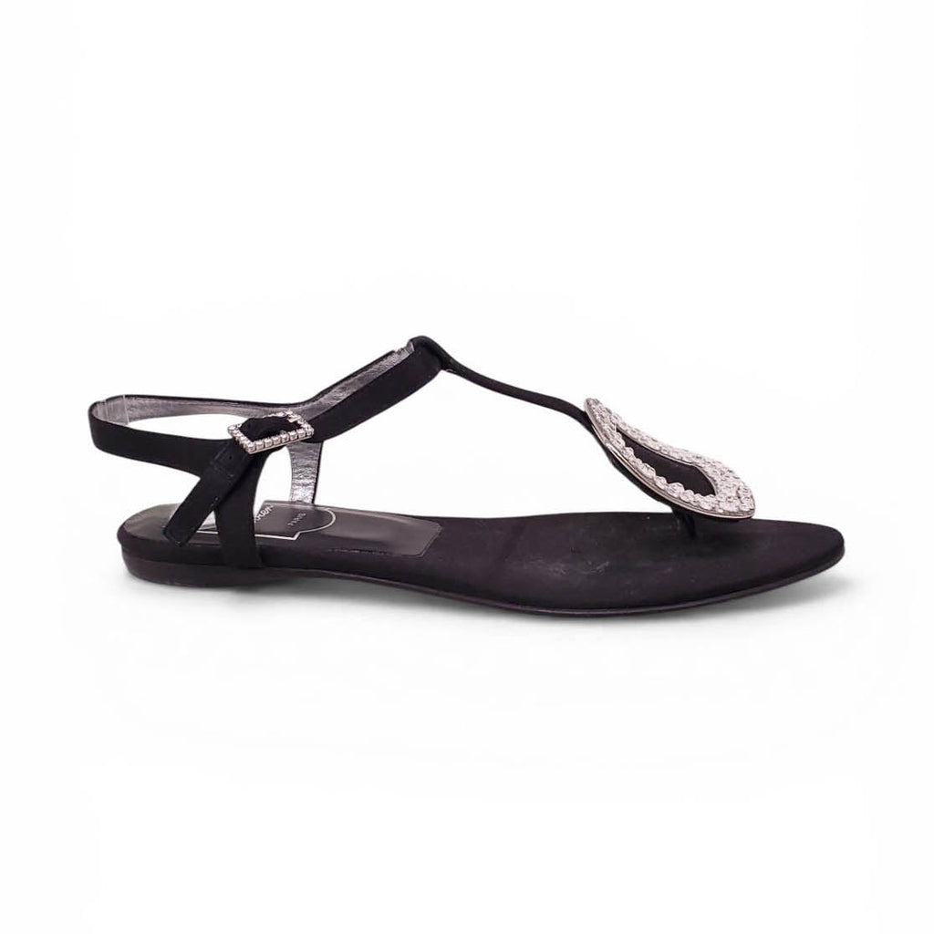 ROGER VIVIER BLACK SATIN CRYSTAL FLATS - SIZE 35