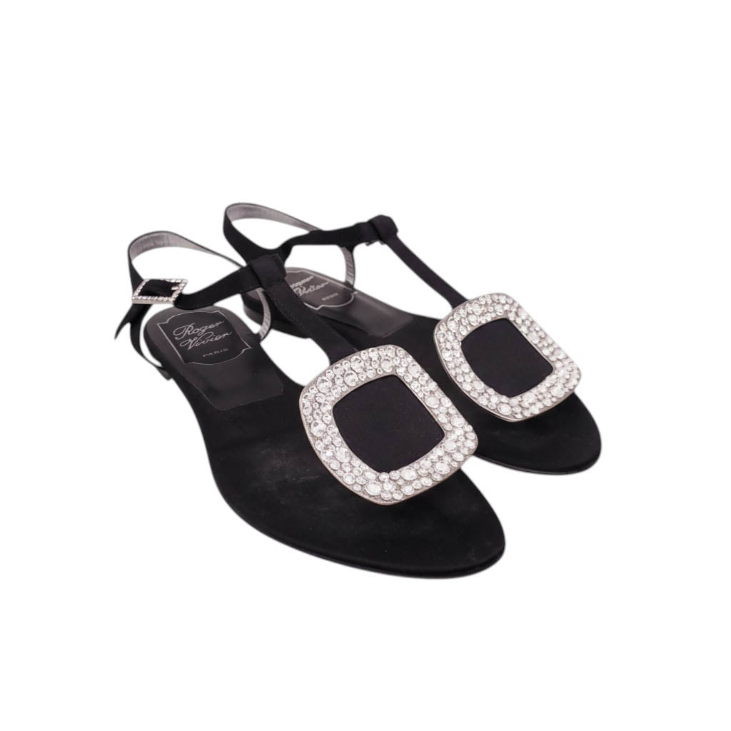 ROGER VIVIER BLACK SATIN CRYSTAL FLATS - SIZE 35
