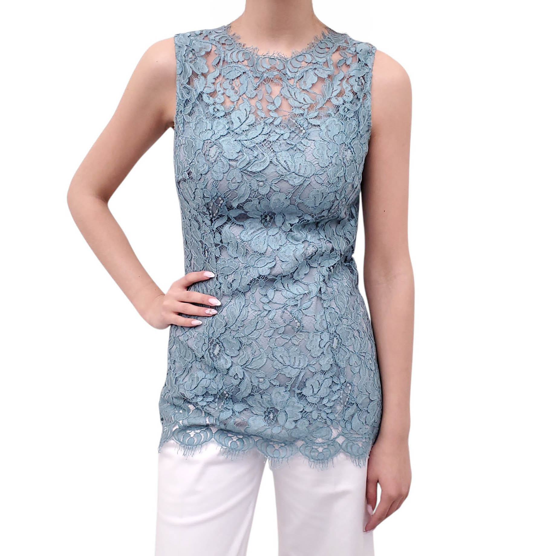 DOLCE & GABBANA BLUE LACE SLEEVELESS TOP WITH SLIP - SIZE 40