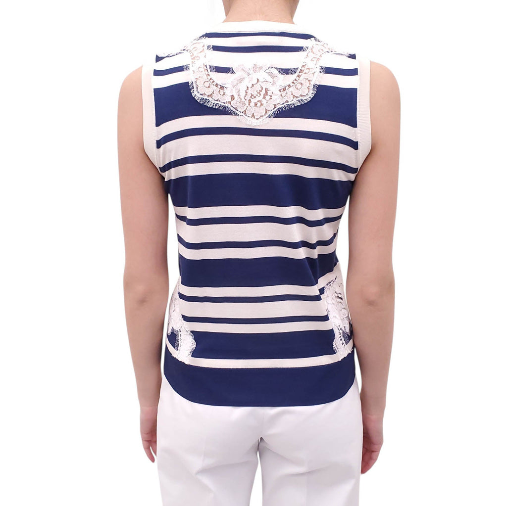 DOLCE & GABBANA STRIPED BLUE SLEEVELESS SWEATER WITH LACE DETAIL - SIZE 38