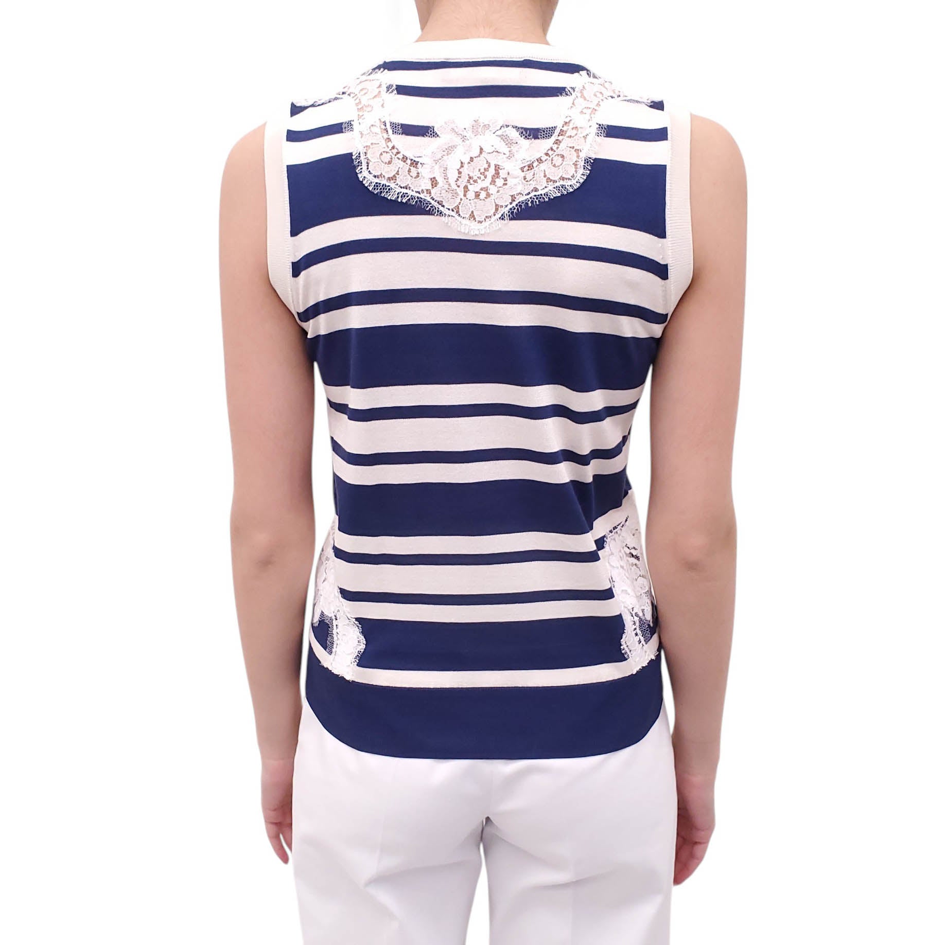DOLCE & GABBANA STRIPED BLUE SLEEVELESS SWEATER WITH LACE DETAIL - SIZE 38