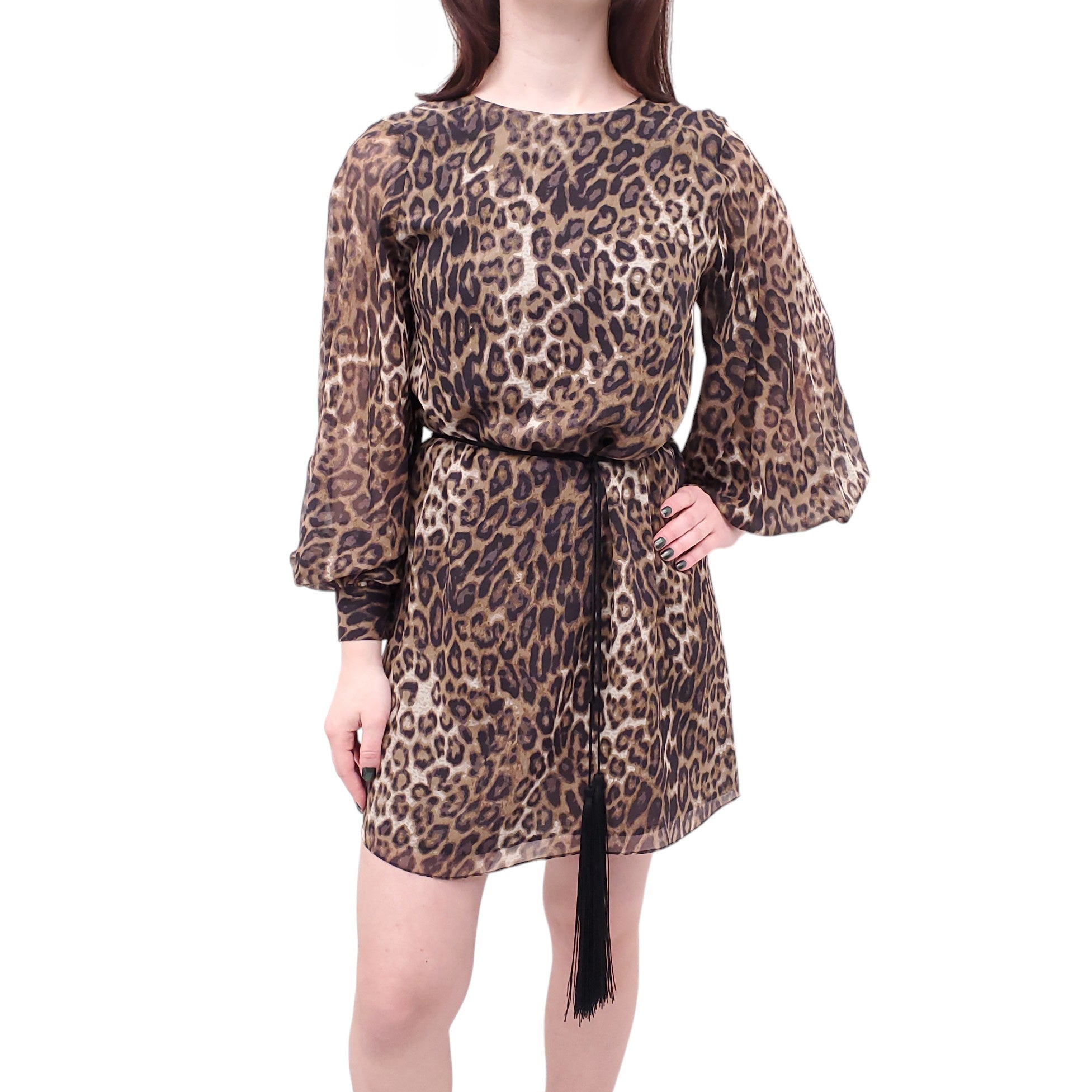 NILI LOTAN LEOPARD DRESS WITH FRINGE TIE BELT - SIZE 4