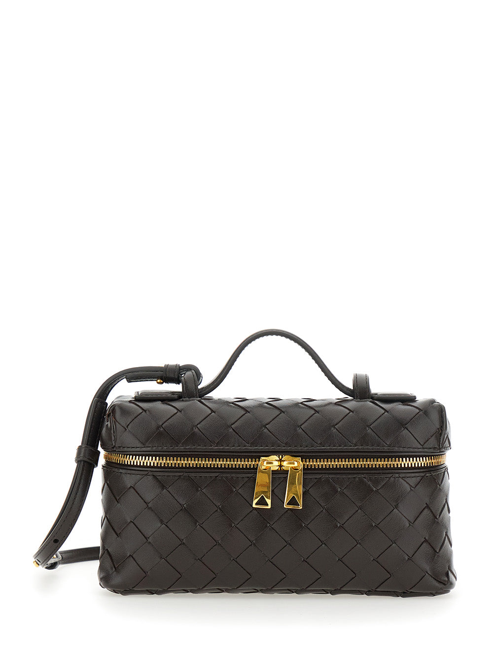 Bottega Veneta Women 'Bang Bang' Brown Vanity Case With Removable Shoulder Strap And Intreccio Motif In Leather For Women