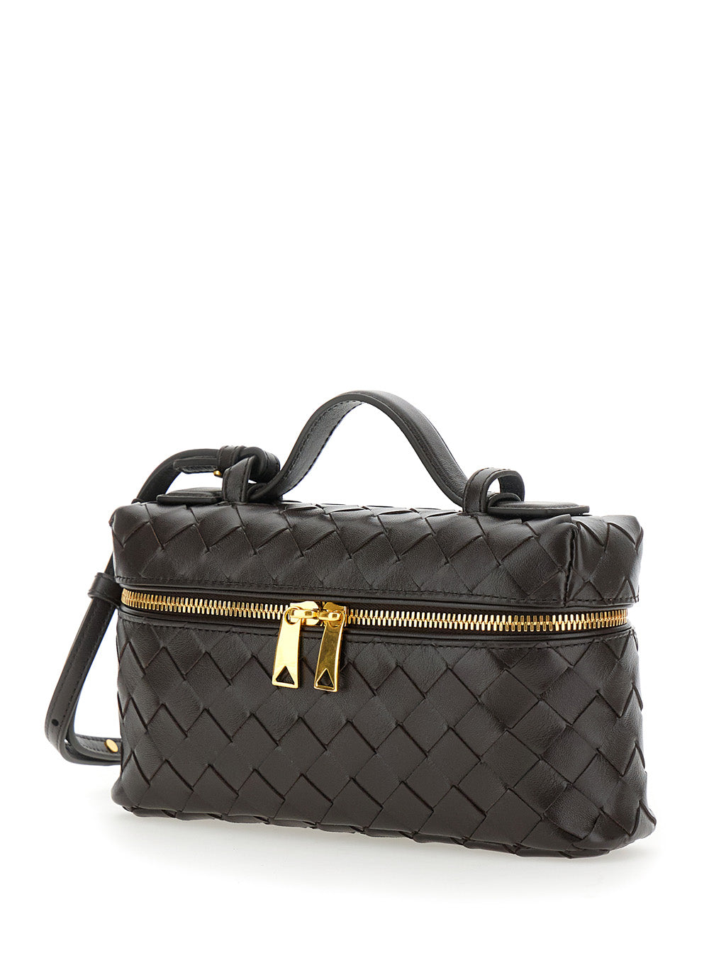 Bottega Veneta Women 'Bang Bang' Brown Vanity Case With Removable Shoulder Strap And Intreccio Motif In Leather For Women