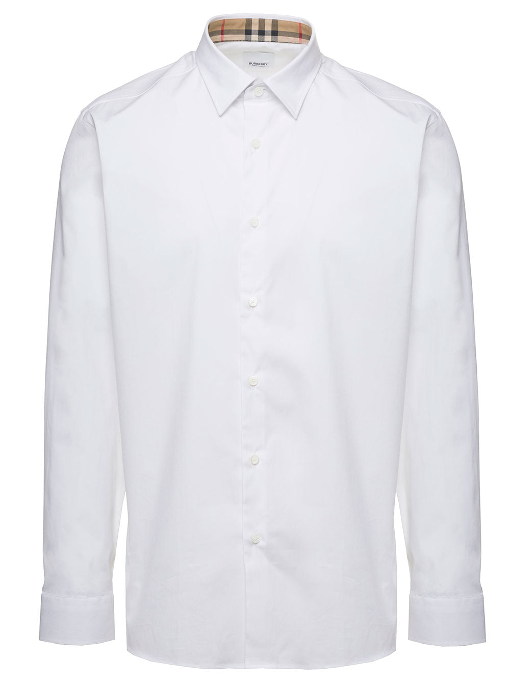 Burberry Men White Long Sleeve Shirt With Tone-On-Tone Embroidery In Stretch Cotton For Men