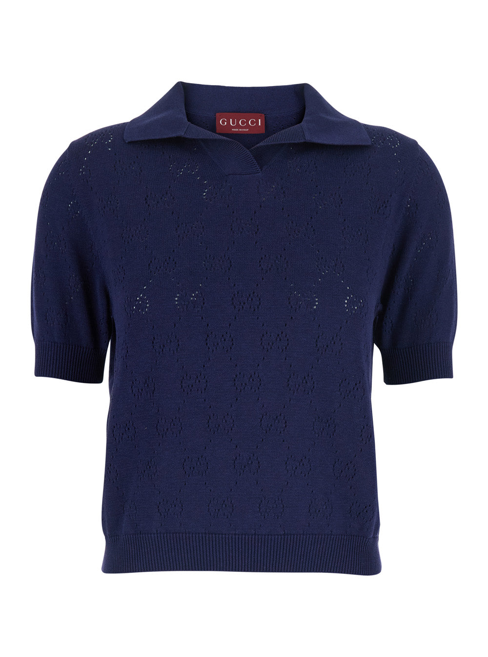 Gucci Women Blue Polo Shirt With Wide Collar And Gg All-Over Embroidery In Cotton For Women