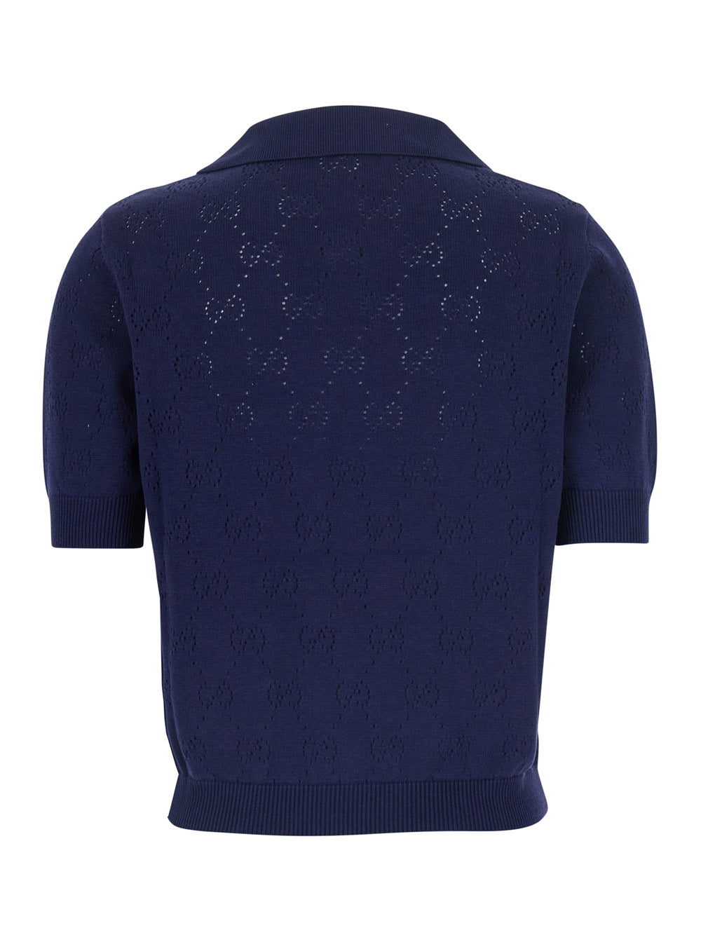 Gucci Women Blue Polo Shirt With Wide Collar And Gg All-Over Embroidery In Cotton For Women