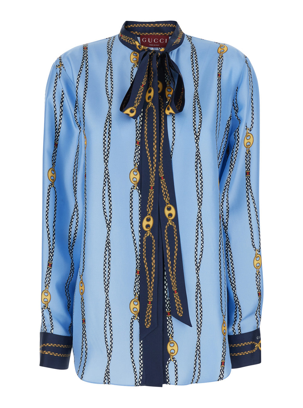 Gucci Women Blue Hirt With Bow On The Front And All-Over Chain Print In Silk For Women