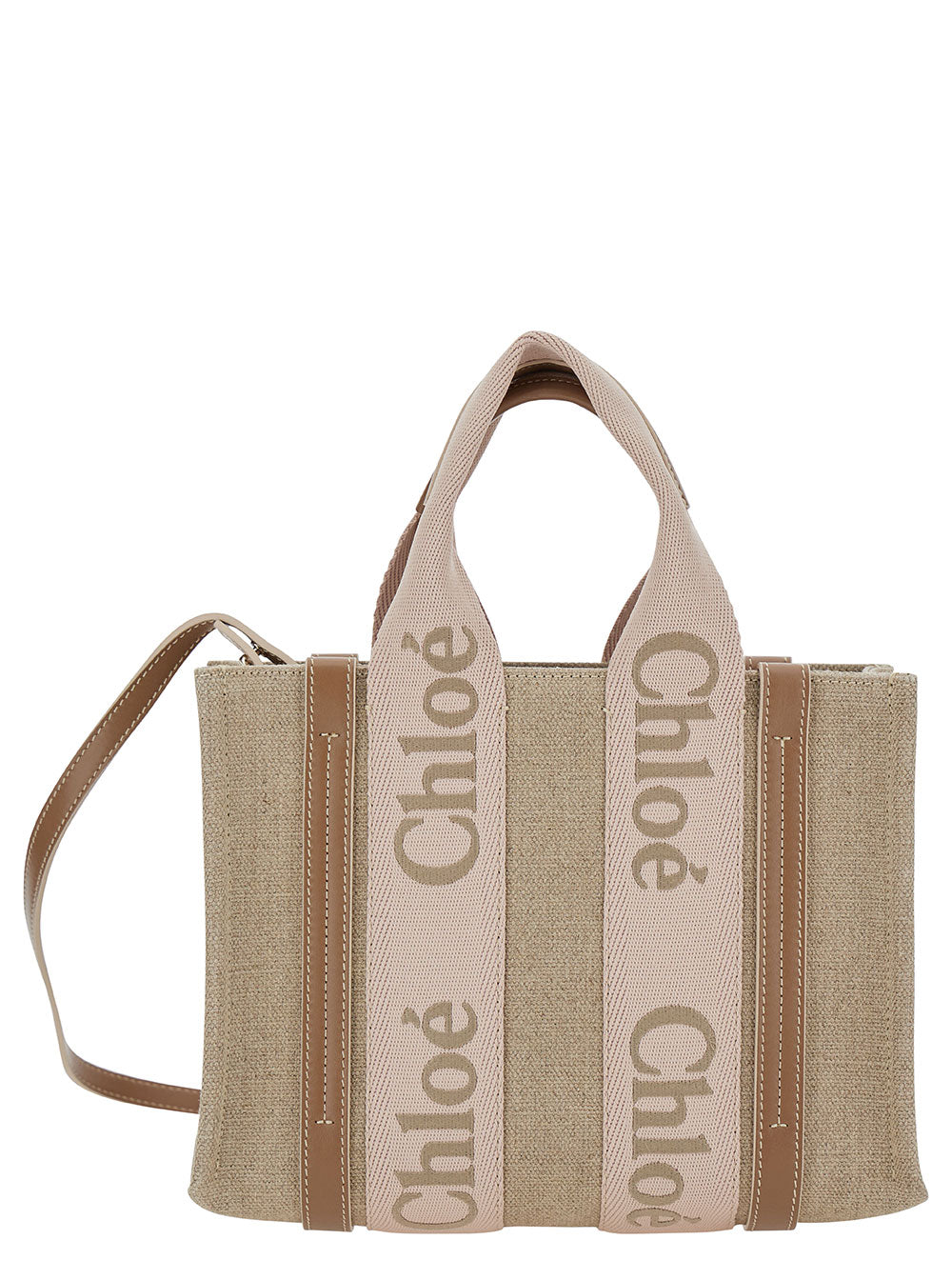 Chloé Women Tote Bag 'Woody Piccola' With Linen Logo Detail Beige Woman